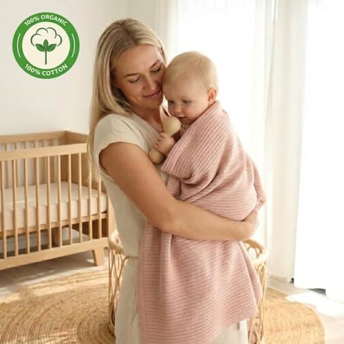 Image of 100% Organic Cotton Knit Receiving Baby Blanket for Newborns - Soft, Breathable Blanket for Crib & Stroller - Nursery Gift 2-Pack (Fog and Blush)
