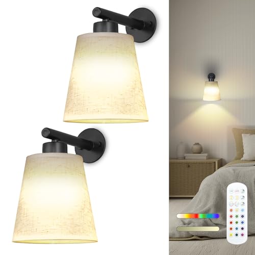 Image of Battery Operated Wall Sconce Set of 2,Gold Rechargeable Wall Lights with Lampshade Dimmable RGB Bulbs and Remote,15 Colors Wireless Wall Lamps for Bedroom Living Room (Black)