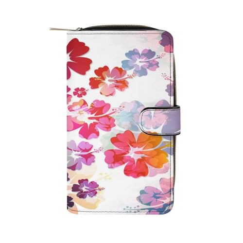 Women Soft PU Leather Wallet, Zipper Card Case Clutch Credit Bills Money Crash Coin 7.8x4.3x1.4 in Holder Purse Print Abstract Tropical Flowers