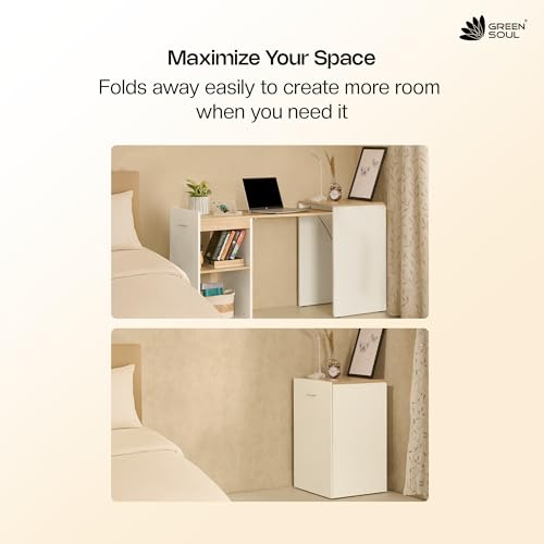 Image of Green Soul Kyoto XL Foldable Study Table with Space-Saving Design, Expansive Tabletop, Storage Shelves, Ideal for Study, Bedroom, or Home Office (White Oak) Installation Provided