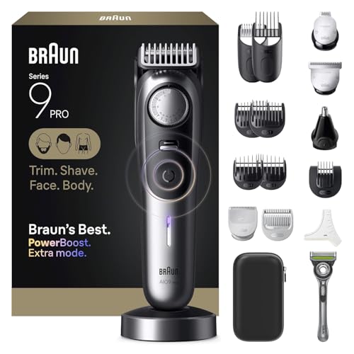 Braun All-in-One Series 9 PRO Men's Electric Beard Trimmer, Hair Clipper, Shaver & Razor for Face, Hair & Body, AIO 9570 with Gillette Labs Razor, Cordless