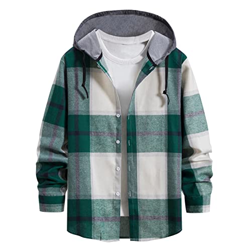 Camisa a cuadros para hombre con capucha, manga larga, informal, camisa informal en diseño de cuadros, parte superior con capucha y tira de botones para el día a día, senderismo y aspecto informal