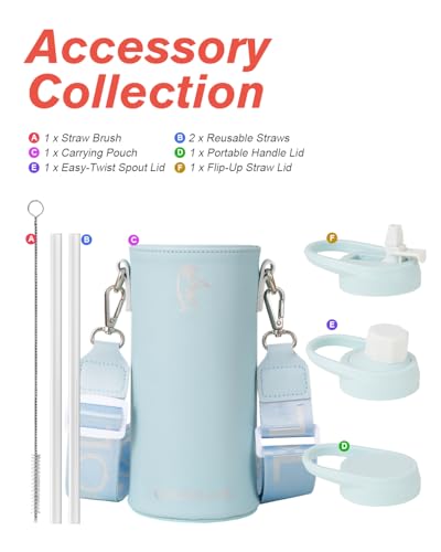 Image of Coolflask 40 oz Water Bottle Insulated with PU Leather Sleeve & 3 Lids