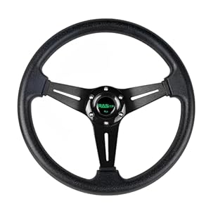 RASTP Universal Racing Steering Wheel 13.8â/350mm 6 Bolts Grip Vinyl Leather & Aluminum with Horn Button for Car -Black
