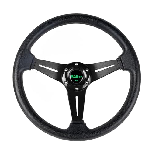 RASTP Universal Racing Steering Wheel 13.8â/350mm 6 Bolts Grip Vinyl Leather & Aluminum with Horn Button for Car -Black