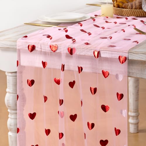 Image of MLMC Pink Heart Gauze Table Runner Glitter Valentine's Day Table Runner 120 Inch 10 FT Sheer Metallic Foil Seasonal Centerpiece for Wedding Anniversary Home Party Table Decor