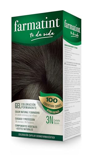 Farmatint Gel 3N Castaño Oscuro, Tinte Vegetal Permanente, Sin Amoníaco, Cobertura Completa de Canas, Cuida y Protege tu Cabello, Unidad de 135ml, El embalaje puede variar