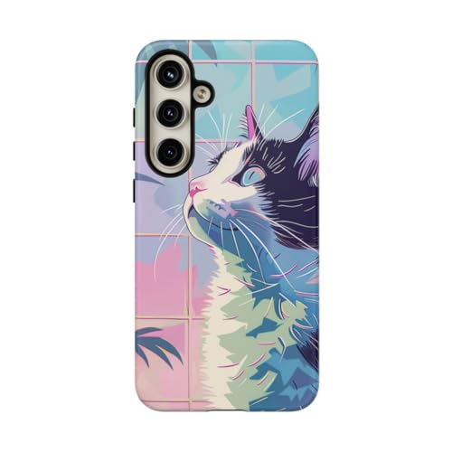 Coque Samsung S24 Plus chat coloré et feuilles tropicales rigide mate