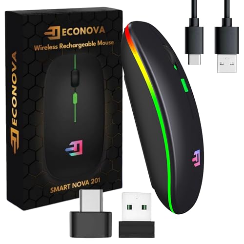 Image of ECONOVA Wireless Rechargeable RGB Mouse – Ergonomic Design with Compatible Bluetooth & 2.4G Devices, 500mAh Battery, Silent Click, 7 Million Click Lifespan, Dual Mode 1600DPI – Black