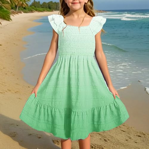 Little Girls Summer Dresses Kids Cute Double Layer Ruffle Sleeve Smocked Flowy Dress Tween Girl Elegant Midi Boho Sun Dresses3