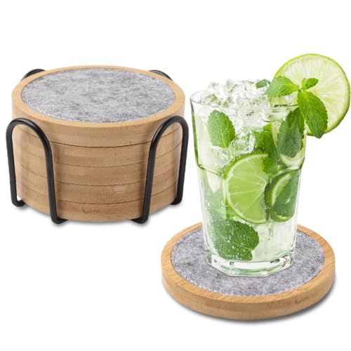 Holzuntersetzer für Getränke, Set aus 5 Stück, saugfähige und isolierendefilzbezogene, stapelbare Becherhalter für Holztische, (4,15 Zoll),Bambusfarbe