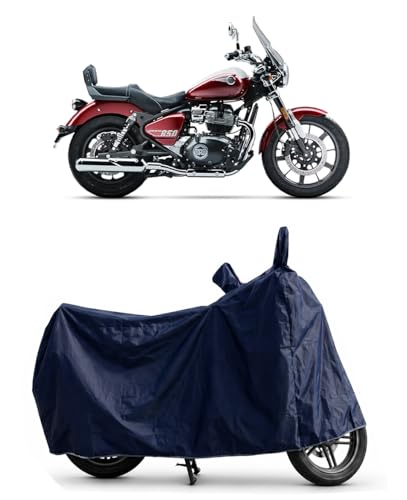 Image of Shield Heavy Duty Bike Cover for Royal Enfield Super Metor 650 | All-Season, Tear-Proof Fabric | with Side Mirror Pocket & Buckle Belt | Royal Enfield Super Metor 650 Bike Cover (Blue)