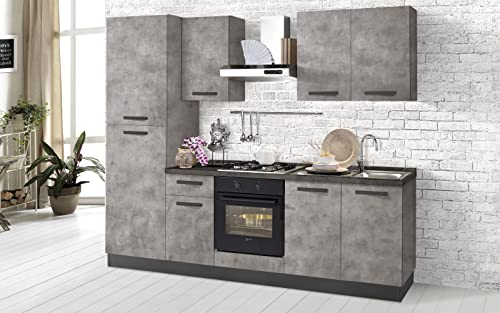 Dafne Italian Design Cocina completa con electrodomésticos (horno, fregadero, campana de cocina) optimiza espacios - hormigón bronx - cm. 255 x 60 x 216
