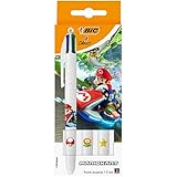 BIC Mario Kart 4 Couleurs Stylo-Bille Rétractable Pointe Moyenne (1,0 mm) - Décors Assortis, Boîte de 3