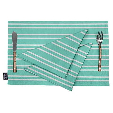 S4Sassy Green Stripe Printed Dining Room Reversible Tablemats With Napkins Set-Placemat-12x18|Napkin-18x18 (12 Pcs) Inches Cover