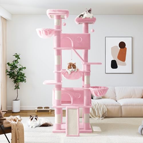 Image of Allewie 81 Inches Tall Cat Tree /Multi-Level Large Climbing Tree House and Towers for Big Feline /Condo and Hammock /Scratching Post /Wide Base /Pink