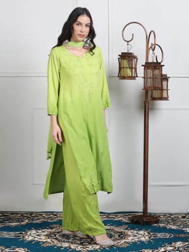 Image of Women's Luxe Lucknowi Chikankari Hand Embroidered Rayon Dyed Kurti Palazzo Dupatta Set - Designer Ethnic Wear for Wedding, Festive & Party Occasions