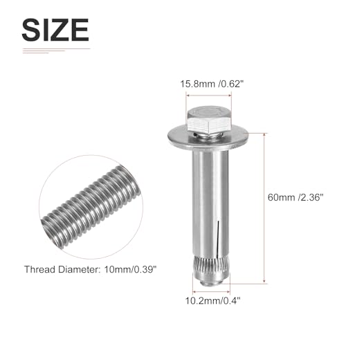 Image of DTGN M10 x 60 Hex Expansion Bolts - 50Pack - Good for Concrete Dry Brick Block Walls - 304 Stainless Steel - Silver