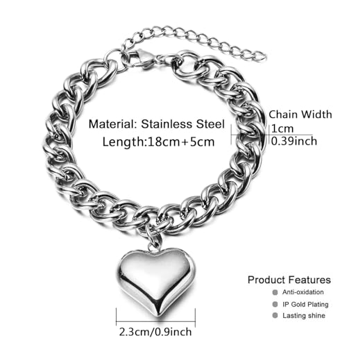 Stainless Steel Statement Chunky Big Puffy Heart Charms Bracelet for Women Thick Statement Chain Link Bracelets for Lover2