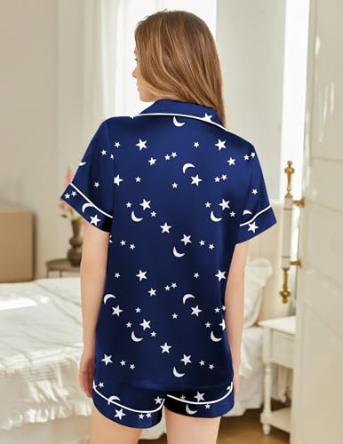Image of Silk Pajamas for Women Short Sleeve Sleepwear Soft Button Down Loungewear 2 Piece Satin Pjs Shorts Set S-XXL