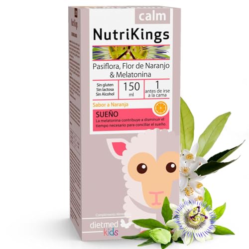 Pasiflora Melisa y Flor de Naranjo con Vitaminas B y Melatonina 1 mg - Sabor Suave - Apoya la Relajacion y el Descanso - Jarabe Infantil 150 ml - Nutrikings Calm Dietmed