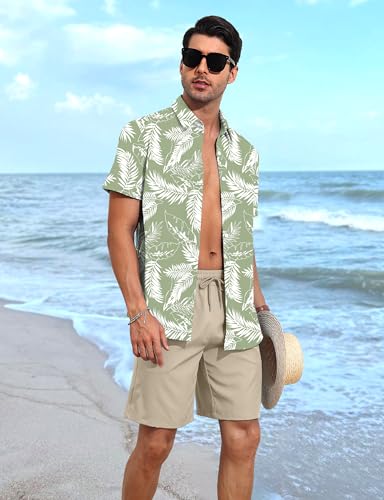 YTD Men's 2 Piece Outfits Tropical Print Short Sleeve Button Down Hawaiian Shirt and Beach Shorts Set2