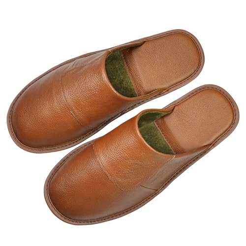 Image of Hwayslon Leather Slippers Men's Women's Leather Room Shoes Natural Cowhide Luxury Solid Color Unisex