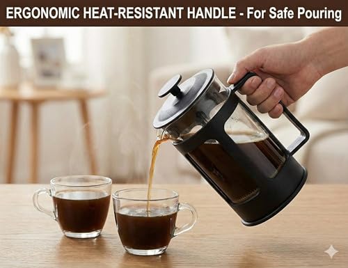 Image of DOPPIO French Press Coffee Maker 600ml - Premium Borosilicate Glass with Stainless Steel Plunger | Manual Coffee & Tea Press | Heat Resistant, Easy to Clean - Black