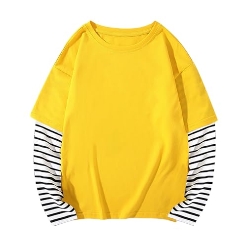 Kids Girls Boys Cotton 2 in 1 Tops Unisex Baggy Striped Long Sleeve Crew Neck Shirts Autumn Comfy Breathable Tees
