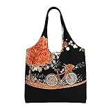 Bolsa de lona con diseño de gato negro, bolsa de lona de gran capacidad, reutilizable, bolsa de compras de comestibles, Árbol de bicicleta de hoja de arce otoñal, One Size