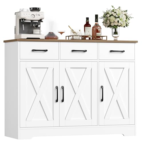 HOCSOK Buffet Cuisine, Buffet Salle a Manger 3 Tiroirs et 3 Portes, Buffet Blanc pour Salon Entrée, Étagère Réglable, Blanc + Antique