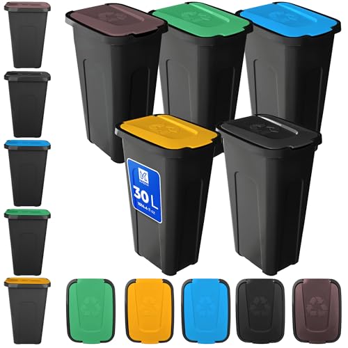KADAX Lot de poubelles pour la collecte des déchets, 5 x 30 L, ensemble de poubelles pour système de tri sélectif, poubelle en plastique avec couvercle basculant (5, toutes les couleurs du)