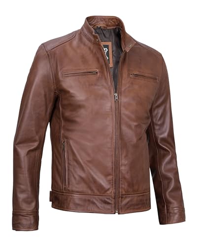 Image of Blingsoul Leather Jacket Men - Real Lambskin Cafe Racer Motorcycle Style Jacket for Mens