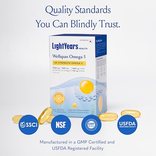 Image of LightYears Wellspan Omega 3 Fish Oil Capsules | 6X Strength | 3000 mg Fish Oil & 1800 mg EPA DHA for Men & Women | Mercury-Free | Lemon Flavoured for No Fishy Burps | 3rd Party Tested | 120 Capsules