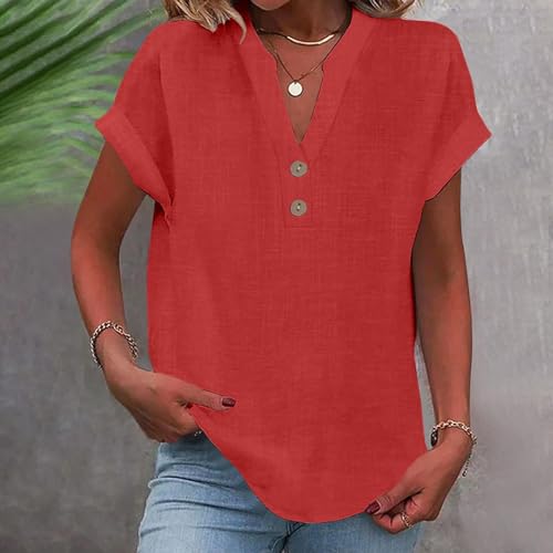 Generic Womens Button Down Linen Shirt Short Sleeve V Neck Shirts Solid Color Comfy Tops Summer Casual Dressy Tunic Top2