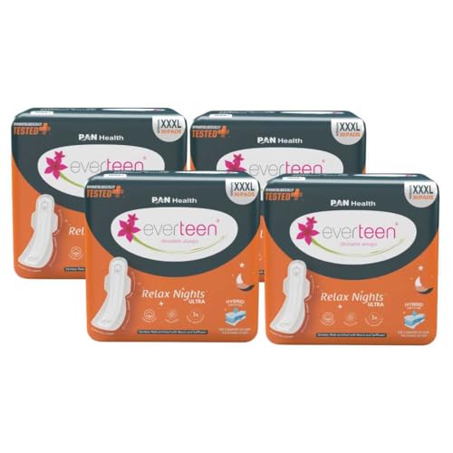 Image of everteen Relax Night 120 XXXL Ultra Thin Sanitary Pads for Women, For Super Heavy Flow with Wider Back, Front to Back Coverage, Upto 12 Hours of Absorption, Maternity Pads, Pack of 4 (410mm)