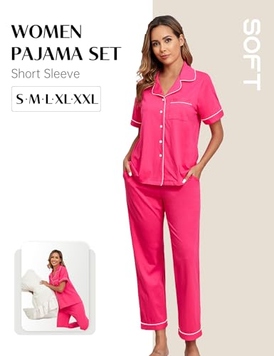 Image of COLORFULLEAF Women's 100% Cotton Pajamas Set Button Down Sleepwear Short Sleeve Shirt and Long Pants Soft Ladies Lounge Sets