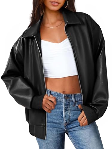 MEROKEETY Women's Oversized Faux Leather Jacket Fall Winter Zip Up Motorcycle Coats Fashion Outfits Clothes 2025