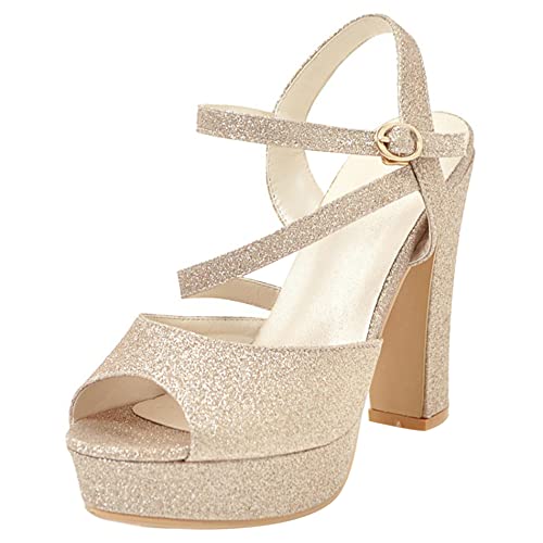 Sandalias para Mujer de Tacón Alto, Sandalias Peep Toe Moda Tacón Ancho Zapatos de Fiesta con Plataforma Hebilla Correa de Tobillo Lentejuelas 094 Oro Talla 34 EU
