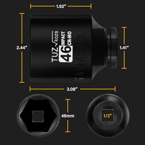 Image of 1 /2 Inch Drive 46mm Deep Metric Impact Socket,CR-MO,6 Point Radius Corner Design,Square Chamfered Opening,Axle Nut Impact Grade Socket for Easy Removal