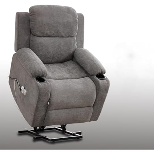 Power Lift Recliner Chair with Heat Massage, Chenille Upholstery, Padded Arms, Cup Holders, Side Pockets, Adjustable Footrest for Living Room Senior Comfort (Grey)