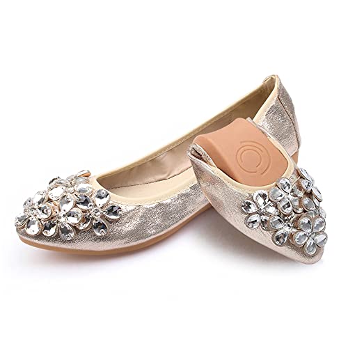 Aoikoy Zapatos Planos de Ballet para Mujer, Plegables, Informales, Brillantes, con Diamantes de imitación, para Boda, cómodos Zapatos Planos para Caminar,A1 Gold,EU41