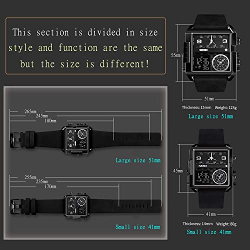 SKMEI Men's Digital Sports Watch, LED Square Large Face Analog Quartz Watch with Multi-Time Zone Waterproof Stopwatch