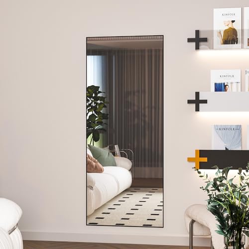 Elemango Full Length Mirror 165x60cm, Black Full Body Floor Mirrors, Rectangle Standing Hanging, with Aluminum Alloy Frame, Wall Mounted, for Dressing Living Room Bedroom