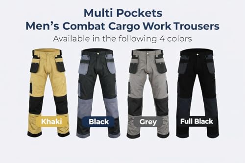 Grs Multi Pockets Mens Combat Cargo Work Trousers With Knee Pad Pockets, Black, 32" Waist - Long - 7
