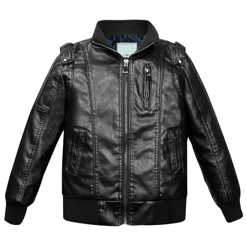 L SERVER Veste en Simili Cuir Garçon Enfant Blouson en Faux Cuir à Col Montant PU Manteau Mode Blouson Motard pour Printemps et Automne, Noir, 14-15 ans