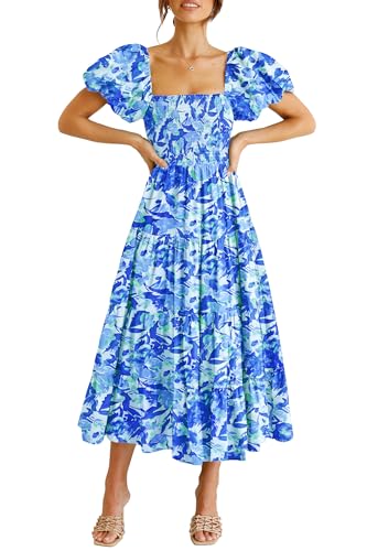 PRETTYGARDEN Women's Casual Summer Midi Dress Puffy Short Sleeve Square Neck Smocked Tiered Ruffle Dresses (Floral Blue,Medium)
