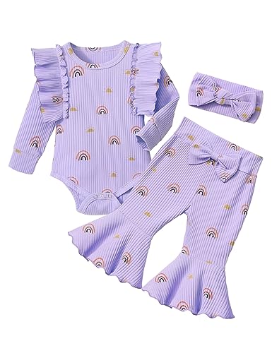 Image of Oranchids Newborn Baby Girl Clothes Rainbow Ruffle Long Sleeve Romper Bell Bottoms Headband Fall Winter Outfits 3Pcs