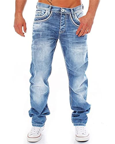 ORANDESIGNE Jeans Coupe Droite pour Hommes Jeans Stretch Coupe Slim Pantalon de Travail Couleur Pure Basique Décontracté Pantalons en Denim C Bleu Clair M
