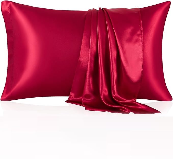 Image of Satin Pillow Covers Set of 2 - Soft & Smooth Pillowcases for Hair & Skin Care | Envelope Closure | Includes 3 Free Random Color Scrunchies | Frizz-Free Sleep Essentials (Red)